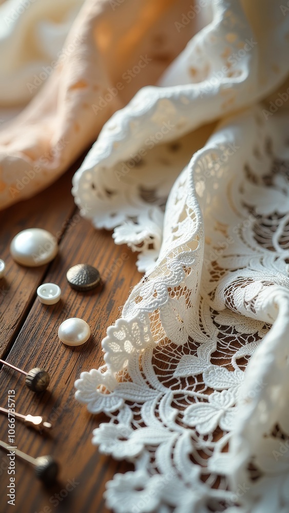 Poster a white lace fabric with a bunch of buttons and pearls on it