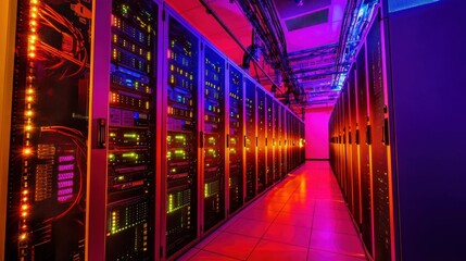 Fototapeta premium A dimly lit server room filled with rows of network servers, showcasing colorful LED lights and organized cabling for data processing.