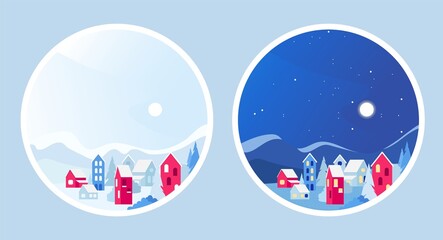 Circle badges stickers winter ladscape village