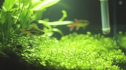 Obraz premium Two red and green fish swim near the surface of a densely planted aquarium.