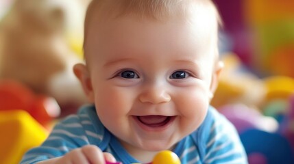 Obraz premium Close-up of a Smiling Baby's Face with Blue Eyes