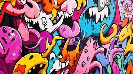 Vibrant Graffiti Art Background with Colorful Cartoon Characters and Expressive Faces