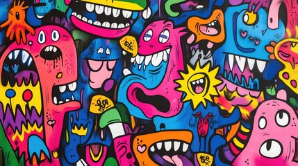 Obraz premium Vibrant Graffiti Art Background with Colorful Cartoon Characters and Expressive Faces