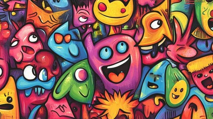 Obraz premium Vibrant Graffiti Art Background with Colorful Cartoon Characters and Expressive Faces
