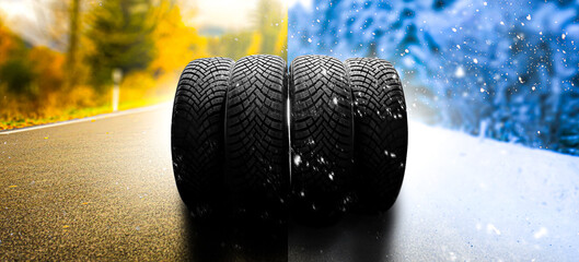 Summer tires on a road winter wheel off. Change a car seasonal tyre summer forest road with trees...