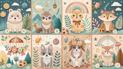 Surreal Baby Shower Invitation Card Set with Boho Animals: Cats, Dogs, Bears, and Wolves in Vector Illustrations for Unique Greeting Cards and Posters