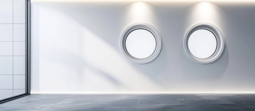 Sleek minimalist room with operable porthole windows.