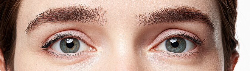 Obraz premium A close-up image of a person's eyes, highlighting well-groomed eyebrows and clear, expressive blue-green eyes.