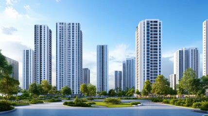 Modern high-rise residential buildings surrounded by a lush green park in an urban setting.