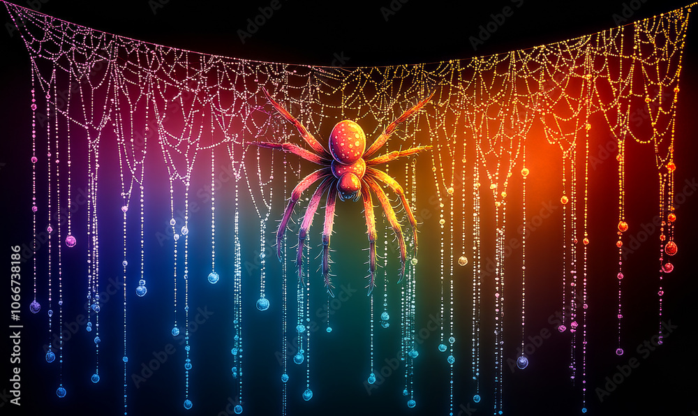 Wall mural a colorful spider is on a web of colorful beads. the spider is surrounded by a rainbow of beads, cre