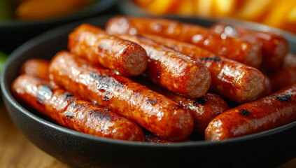 Fototapeta premium A bowl of hot dogs with a black bowl and a wooden table. The hot dogs are piled on top of each other