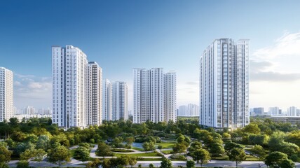 Fototapeta premium Modern high-rise residential buildings surrounded by a lush green park in an urban setting.
