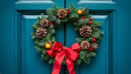 Naklejka premium A wreath with pine cones and berries is hanging on a blue door. The wreath is red and green, and it has a red ribbon. The wreath is a festive decoration for the holiday season