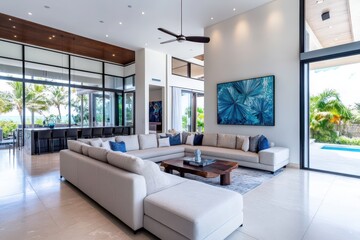 Fototapeta premium Spacious open plan living area featuring a stylish sectional sofa and contemporary art decor.