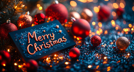 Merry Christmas sign with red and gold balls. The sign is on a black background