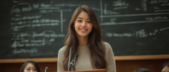 An Asian female college student is standing at the podium in front of her students, smiling and speaking with confidence. The background features blackboard drawings on which some