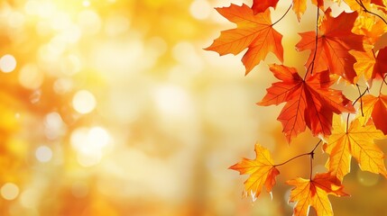 Autumn leaves in vibrant orange hang against a warm golden backdrop during a peaceful fall afternoon in nature