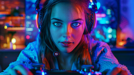 Focused female gamer amazed into game in neon light room. Postproducted generative AI illustration.