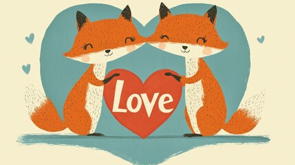 two foxes with a large hart titled with the text "Love" - symbol of romance
