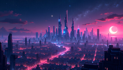 Futuristic cityscape on another planet with neon lights and a vibrant night sky
