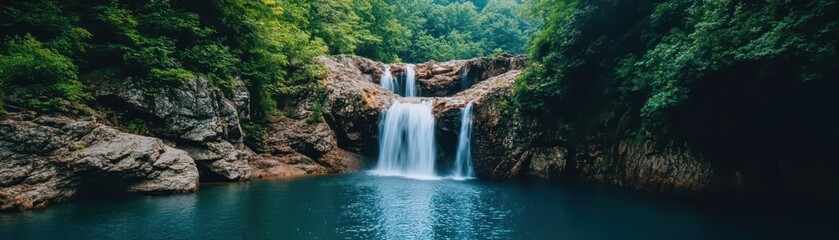 Obraz premium Powerful waterfall cascading over rugged rocks into a serene blue pool, nature's breathtaking display of beauty.