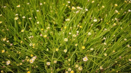 Obraz premium Vivid and vibrant green grass meadow with small wildflowers, grass, vegetation