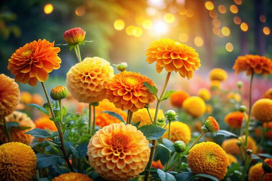 Surreal Garden of Orange Dahlia and Yellow Marigolds in Thailand &ndash; A Vibrant Floral Wonderland with Unique Colors and Dreamlike Elements for Nature Enthusiasts