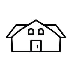 Simple House Outline Icon in Black, Minimalist black outline of a house icon featuring a roof, door, window, and chimney, ideal for real estate and home design concepts.