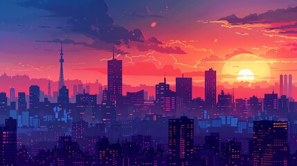 Fototapeta premium A city skyline with a colorful sunset and stars.