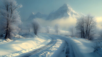 Fototapeta premium A serene photography depicting a winding mountain path covered in snow, lined by bare, frost-touched trees, and leading the viewer's eye toward the towering, snowy summits in the distance.