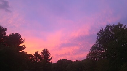 Obraz premium Vibrant sunset colors illuminate the sky over a serene landscape with lush trees