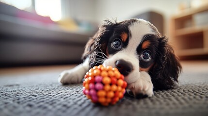 Adorable Tricolor Puppy Playing with a Colorful Toy on a Grey Carpet