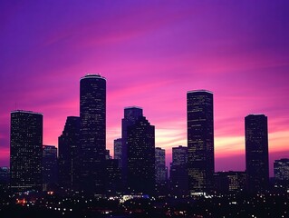 Obraz premium Houston skyline shines brightly against a vibrant purple sunset background