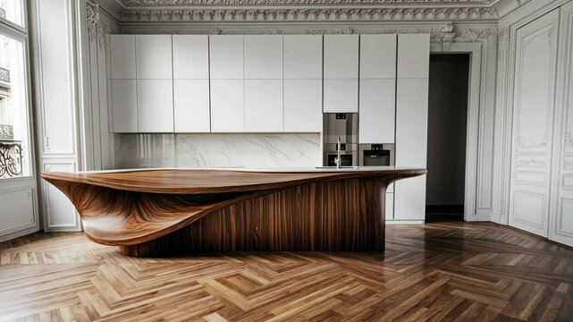 A modern kitchen with a unique, wave-shaped wooden island, white cabinetry, and herringbone hardwood floors