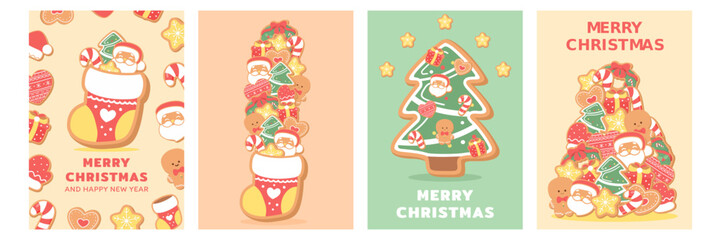 Merry Christmas cards set. Cut gingerbread cookies.