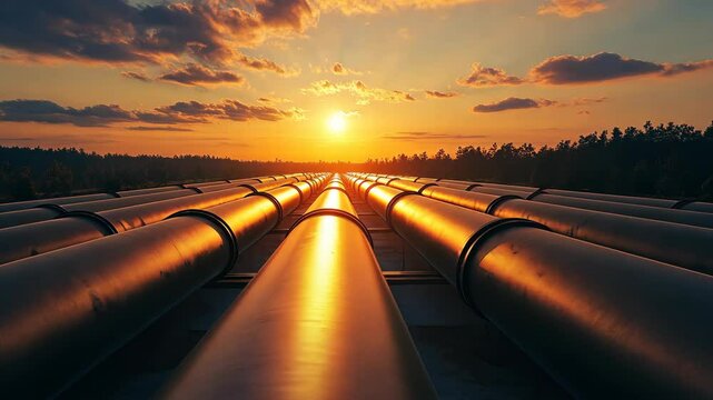 A view of a pipeline in the golden hour sunset with trees in the background