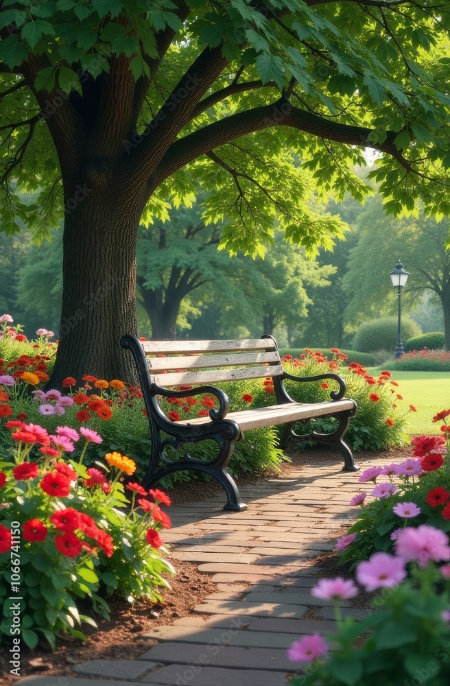 Poster a park with a bench under a tree and flowers in the background