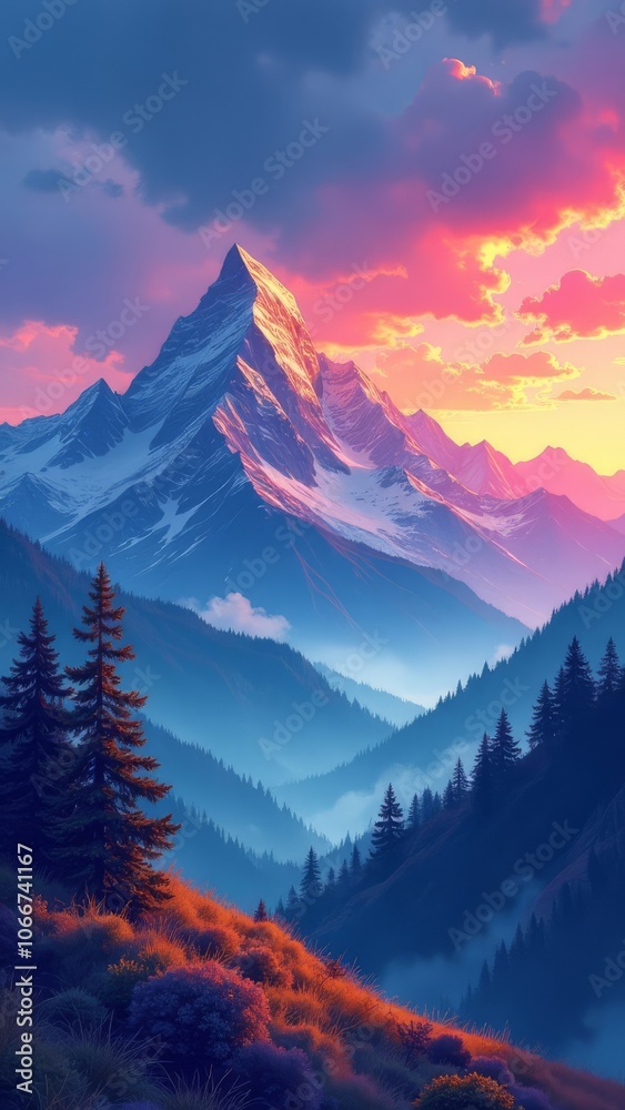 Poster A mountain range with a large peak in the background