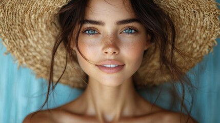 Smiling woman wearing straw hat outdoors, close-up portrait with natural lighting. Happy summer vibes, vacation style, fresh youthful look, sun-kissed skin, tropical background, confident 