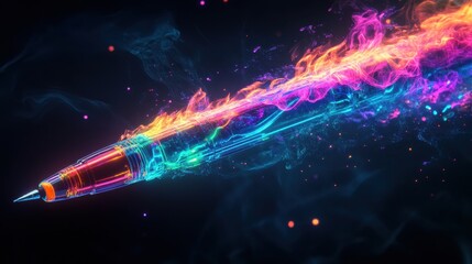 Burning pen against a pure black background. 