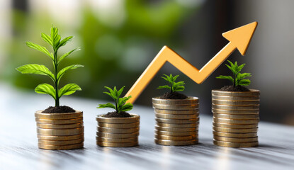 A series of gold coins and plants are arranged in a pyramid shape, with the plants growing out of the coins. The arrangement suggests a growth in value or wealth