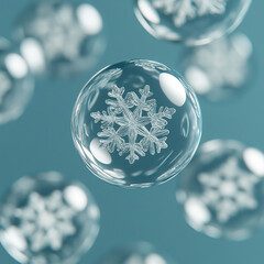 A few transparent bubbles floating in the air, inside each bubble is a snowflake pattern made of clear glass material, light blue background, top view, 