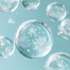 Surrealistic style, several transparent glass spheres floating in the air with a snowflake pattern inside and diamond decorations on top, against a light blue background, in a top-