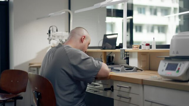 professional laboratory for the production of dental protoses veneers and crowns a specialist adjusts a crown to the shape of a person's jaw gums professional equipment