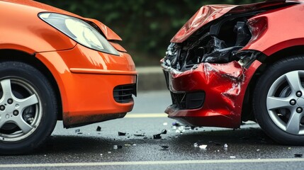 Crash Accident. Damaged Cars After Collision on the Road. Broken Pieces Scattered Around.
