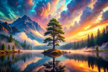Surreal Pine Forest Landscape with Dreamlike Colors, Ethereal Atmosphere, and Majestic Mountains in the Background - A Stunning Nature Escape