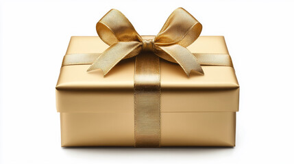 Obraz premium A gold wrapped gift box with a gold ribbon tied around it. The box is sitting on a white background