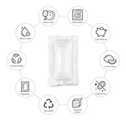 Clear realistic dishwasher capsule with icon set. Icon set shows manual instructions and the main advantages. Vector Illustration isolated in white background. Great for your design. EPS10.