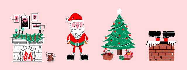 Vector set of Christmas scenes with fireplace, Santa, Christmas tree, and chimney. Hand drawn elements