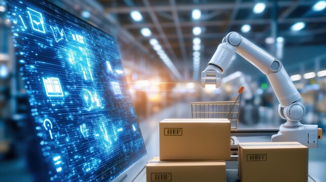 A robotic arm operates in a warehouse, interacting with packages and a digital display showcasing data, representing advanced automation in logistics.